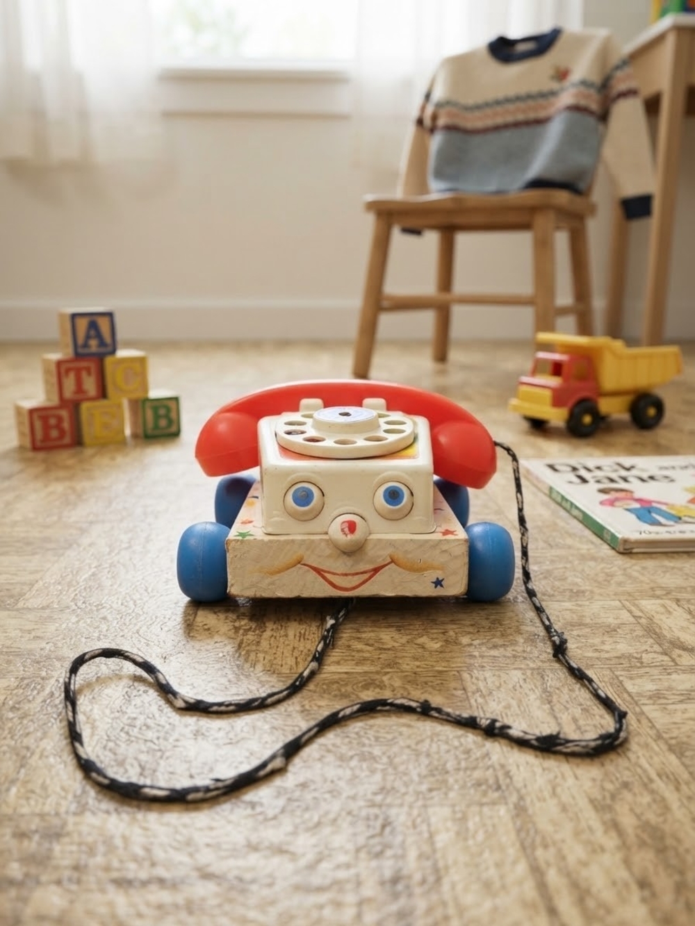 ​Vintage 1960s Fisher-Price Wooden Pull Toy Chatter Telephone Working Eyes